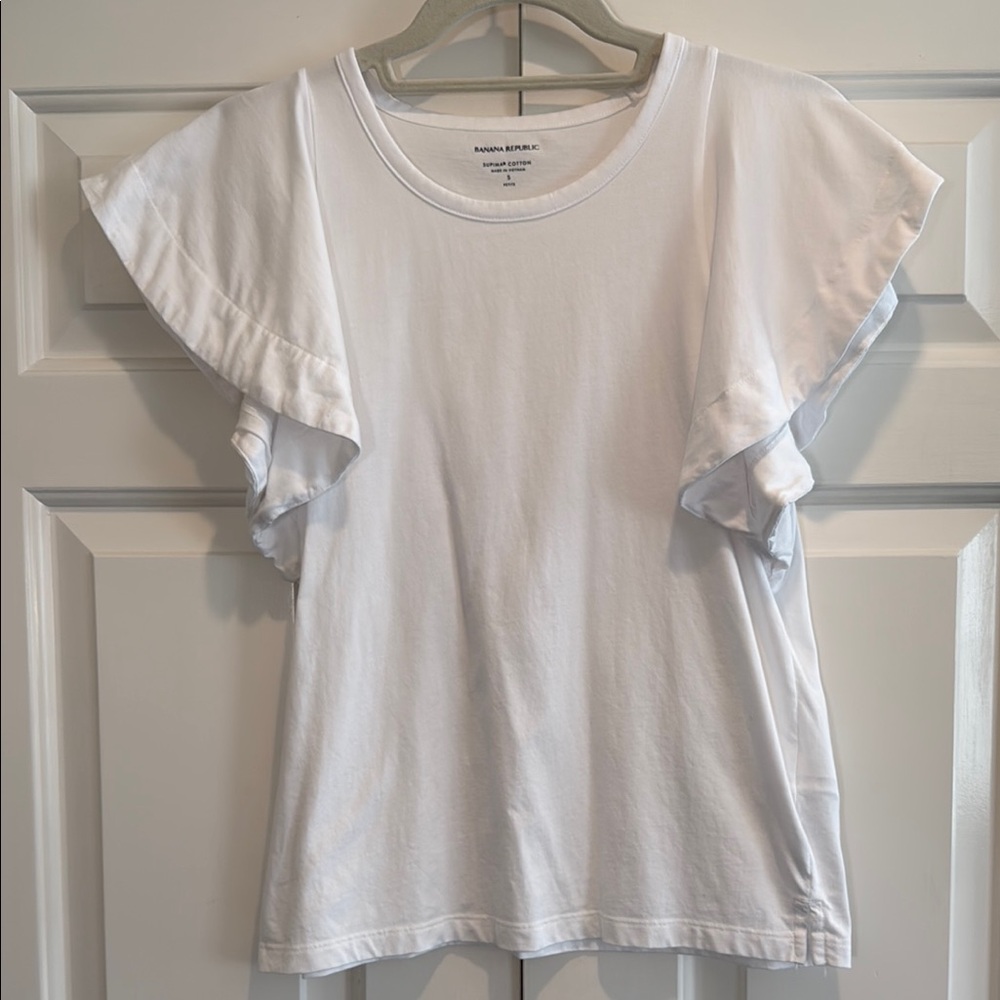 Banana Republic White Ruffled Cap Sleeve T-Shirt Size Petite S - Picture 2 of 4